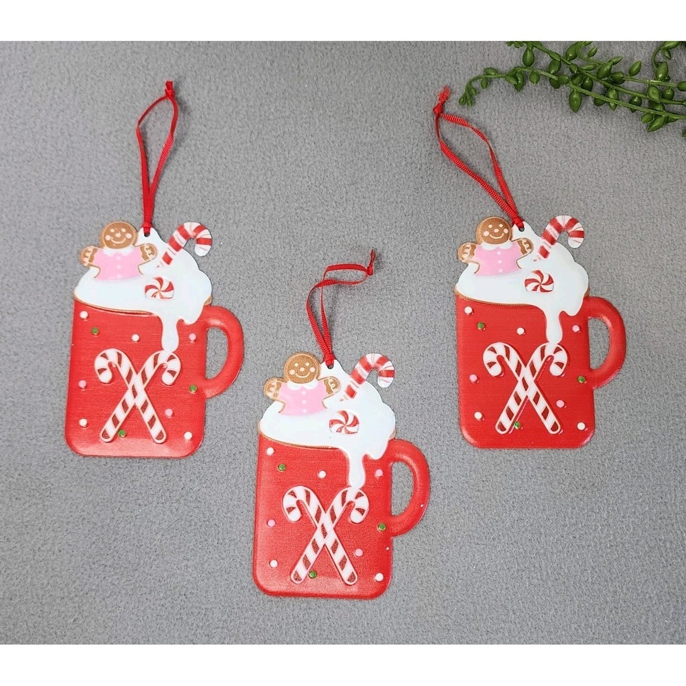 Christmas Cocoa Gingerbread Cookie Mug Ornaments Candy Canes Metal Red 3 Pc‎ 5"